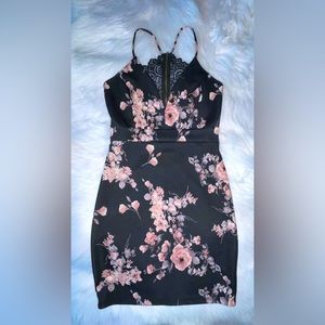 Pink black floral bodycon mini dress